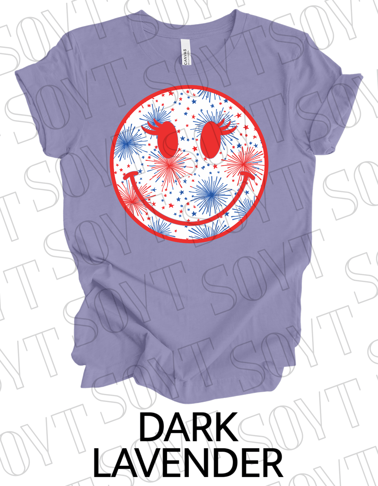 Fireworks Smiley Face T-Shirt – Bella+Canvas Fun Patriotic Graphic Tee - Festive Apparel StoreDark Lavender
