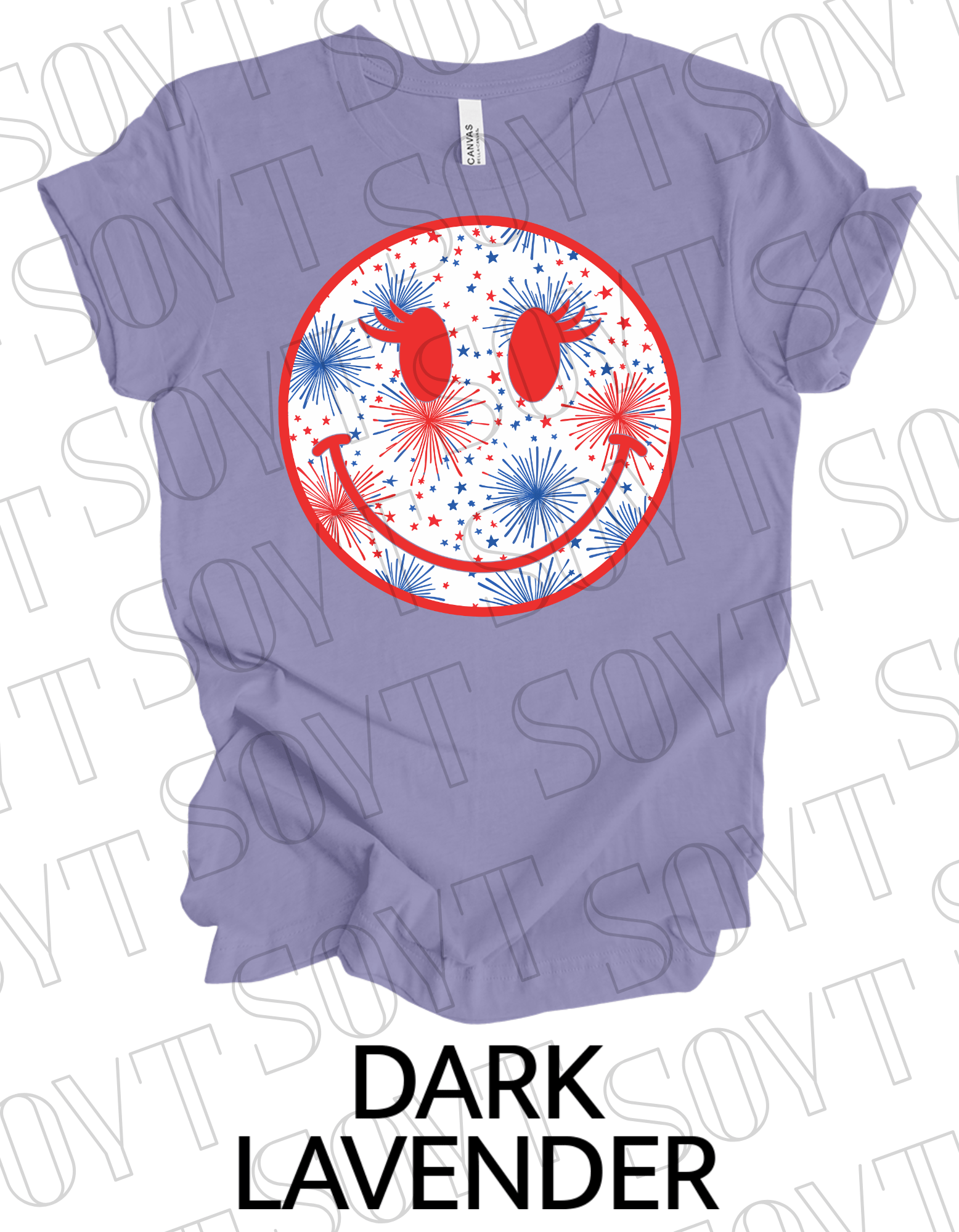 Fireworks Smiley Face T-Shirt – Bella+Canvas Fun Patriotic Graphic Tee - Festive Apparel StoreDark Lavender