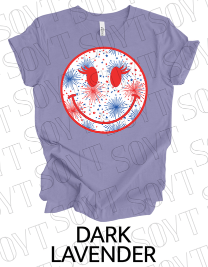 Fireworks Smiley Face T-Shirt – Bella+Canvas Fun Patriotic Graphic Tee - Festive Apparel StoreDark Lavender