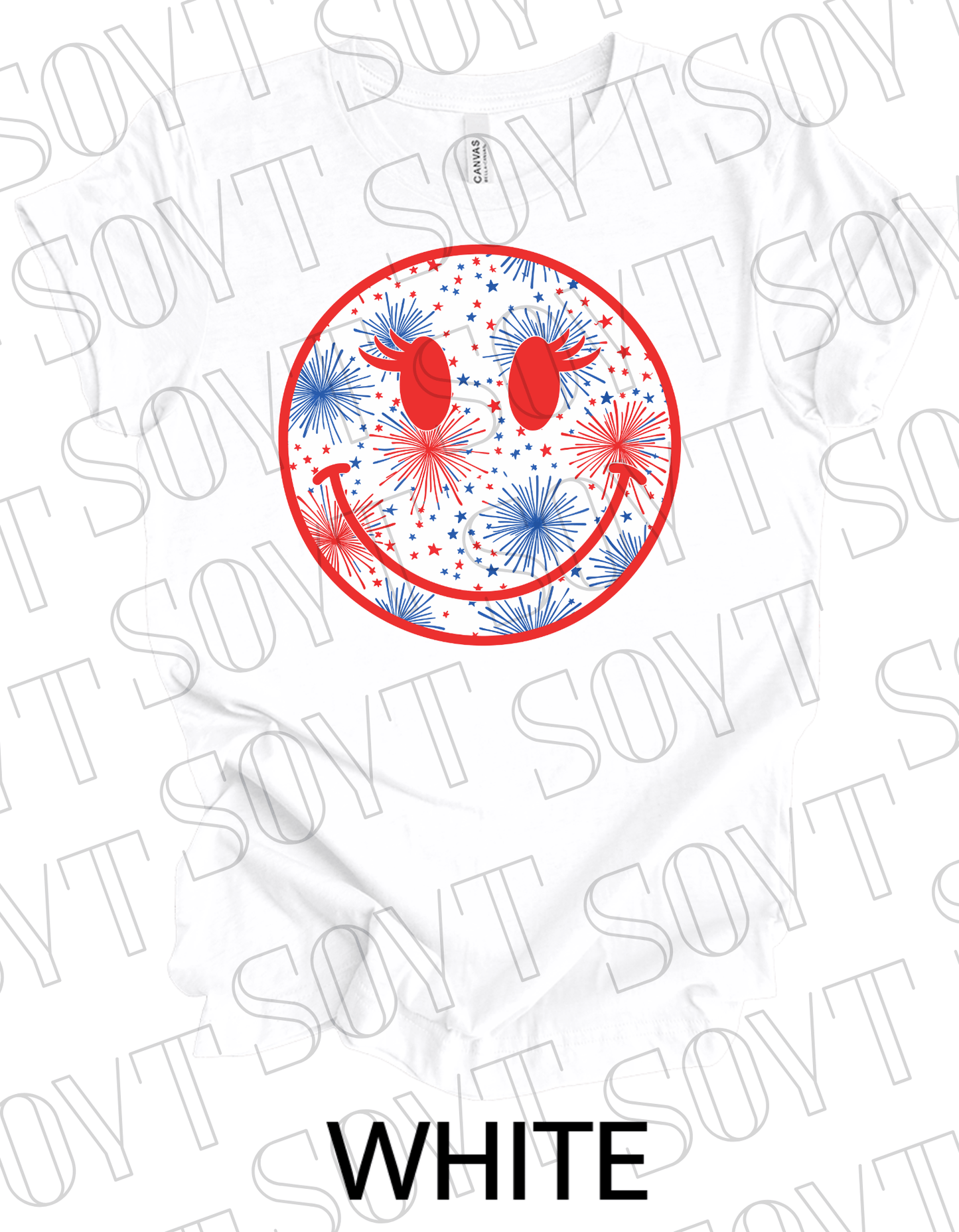 Fireworks Smiley Face T-Shirt – Bella+Canvas Fun Patriotic Graphic Tee - Festive Apparel StoreWhite
