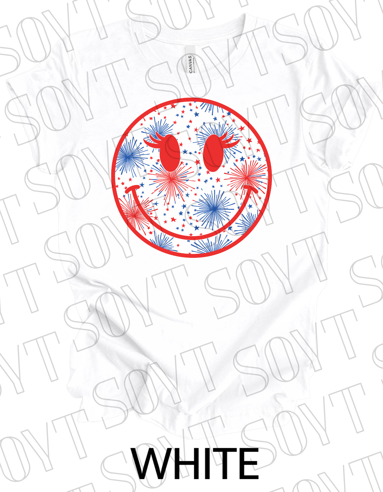 Fireworks Smiley Face T-Shirt – Bella+Canvas Fun Patriotic Graphic Tee - Festive Apparel StoreWhite