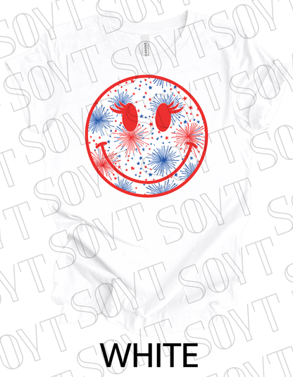 Fireworks Smiley Face T-Shirt – Bella+Canvas Fun Patriotic Graphic Tee - Festive Apparel StoreWhite