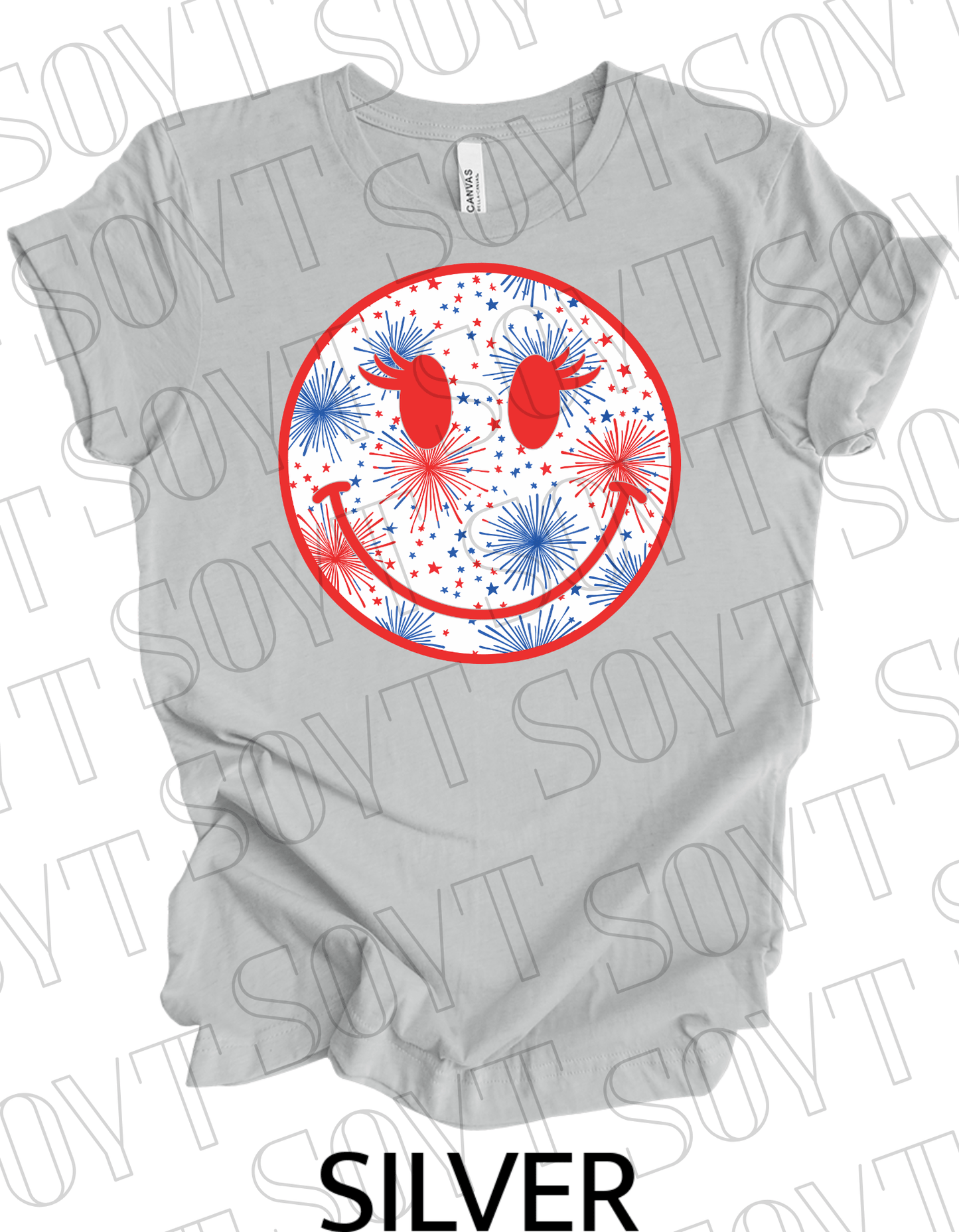 Fireworks Smiley Face T-Shirt – Bella+Canvas Fun Patriotic Graphic Tee - Festive Apparel StoreSilver