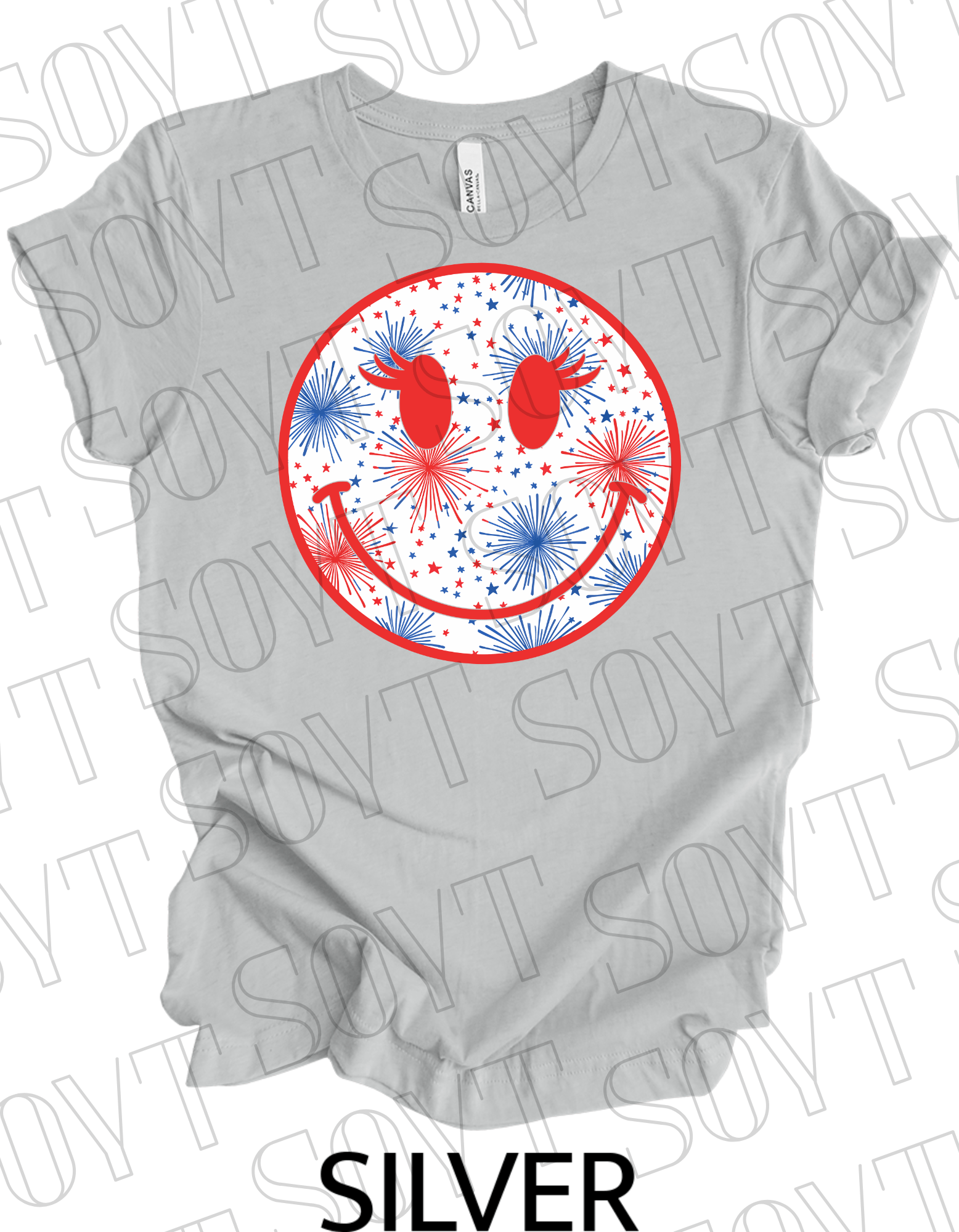 Fireworks Smiley Face T-Shirt – Bella+Canvas Fun Patriotic Graphic Tee - Festive Apparel StoreSilver