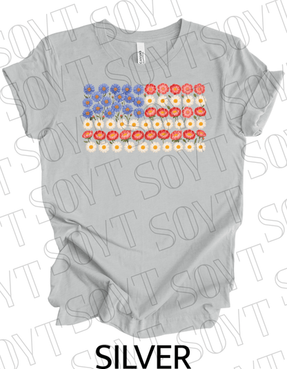Floral Flag T-Shirt – Bella+Canvas Patriotic Wildflower Tee - Festive Apparel StoreSilver