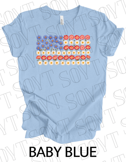 Floral Flag T-Shirt – Bella+Canvas Patriotic Wildflower Tee - Festive Apparel StoreBaby Blue