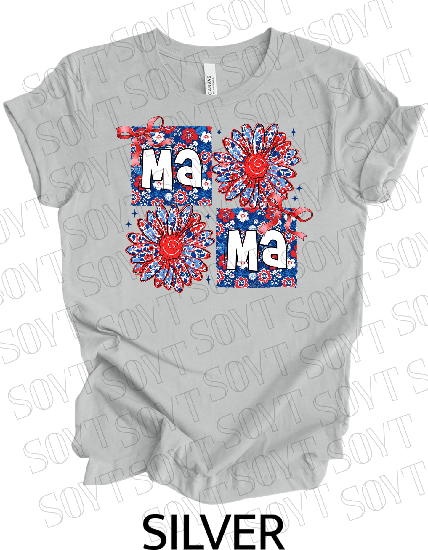Floral Patriotic Mama Shirt – Red White & Blue Daisy Graphic Tee | 4th of July Mom USA - Festive Apparel StoreSilver