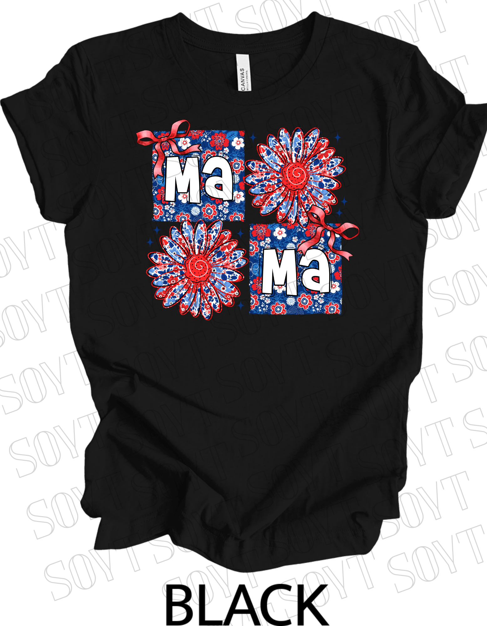 Floral Patriotic Mama Shirt – Red White & Blue Daisy Graphic Tee | 4th of July Mom USA - Festive Apparel StoreBlack