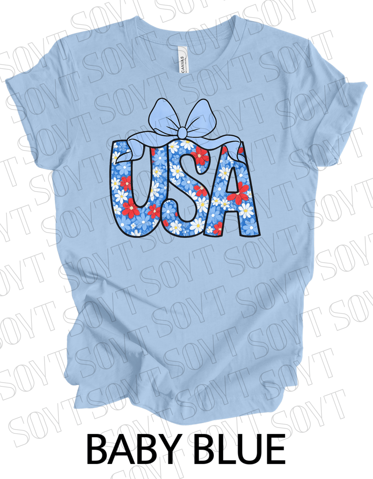 Floral USA T-Shirt with Bow – Cute Patriotic Tee for Women | Made in USA - Festive Apparel StoreBaby Blue