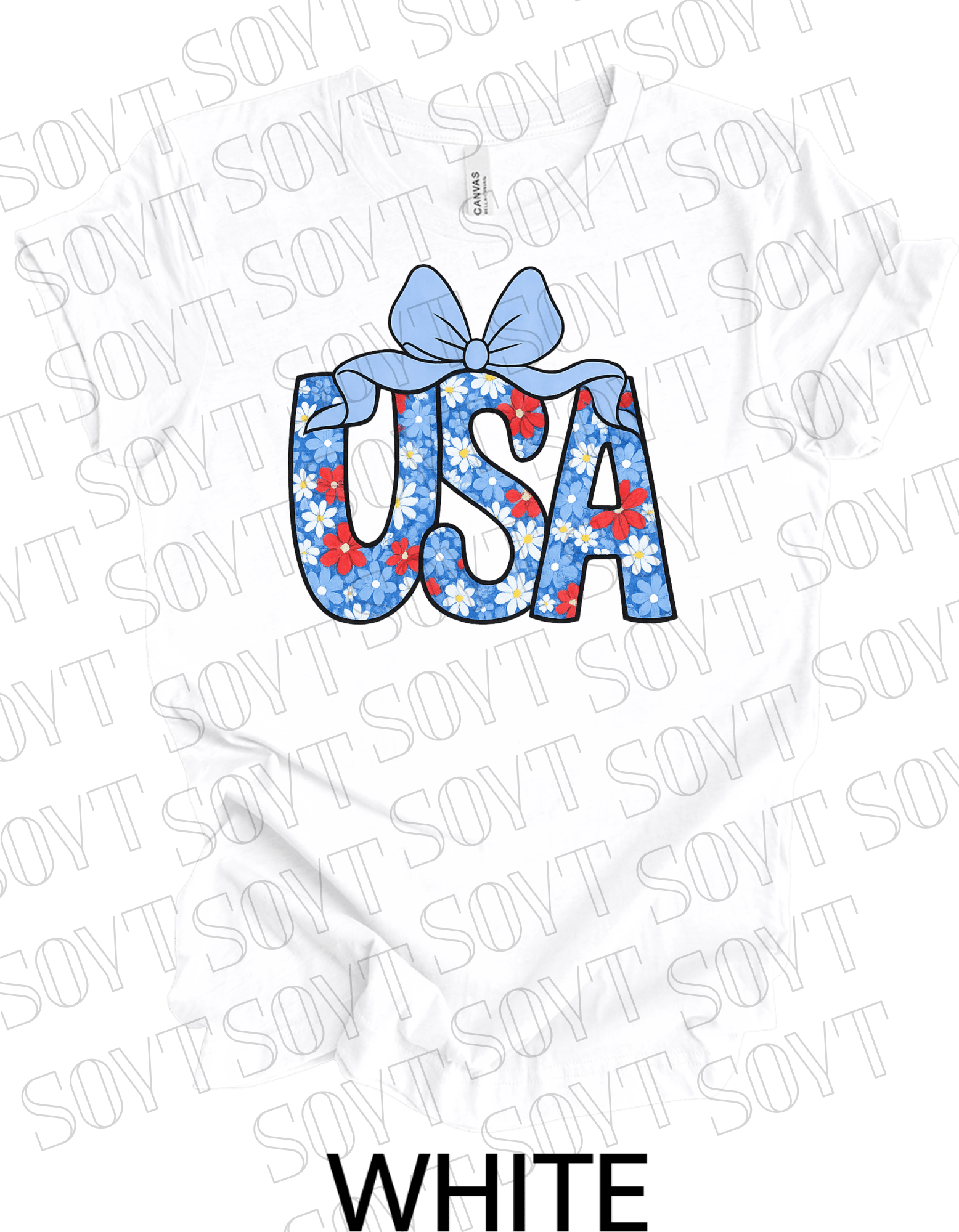 Floral USA T-Shirt with Bow – Cute Patriotic Tee for Women | Made in USA - Festive Apparel StoreWhite