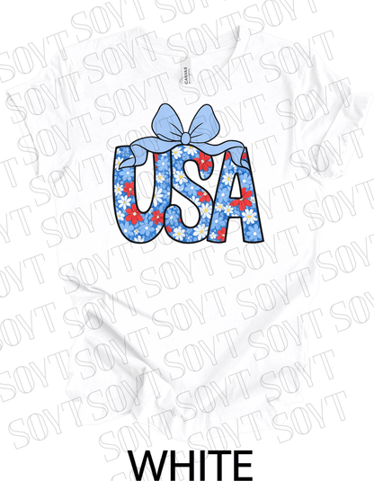 Floral USA T-Shirt with Bow – Cute Patriotic Tee for Women | Made in USA - Festive Apparel StoreWhite