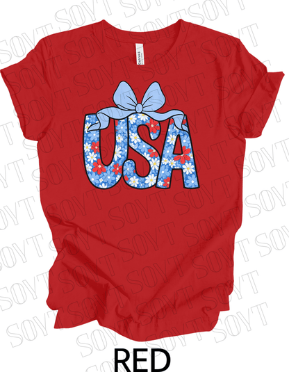 Floral USA T-Shirt with Bow – Cute Patriotic Tee for Women | Made in USA - Festive Apparel StoreRed