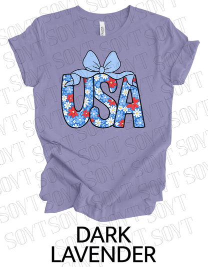 Floral USA T-Shirt with Bow – Cute Patriotic Tee for Women | Made in USA - Festive Apparel StoreDark Lavender