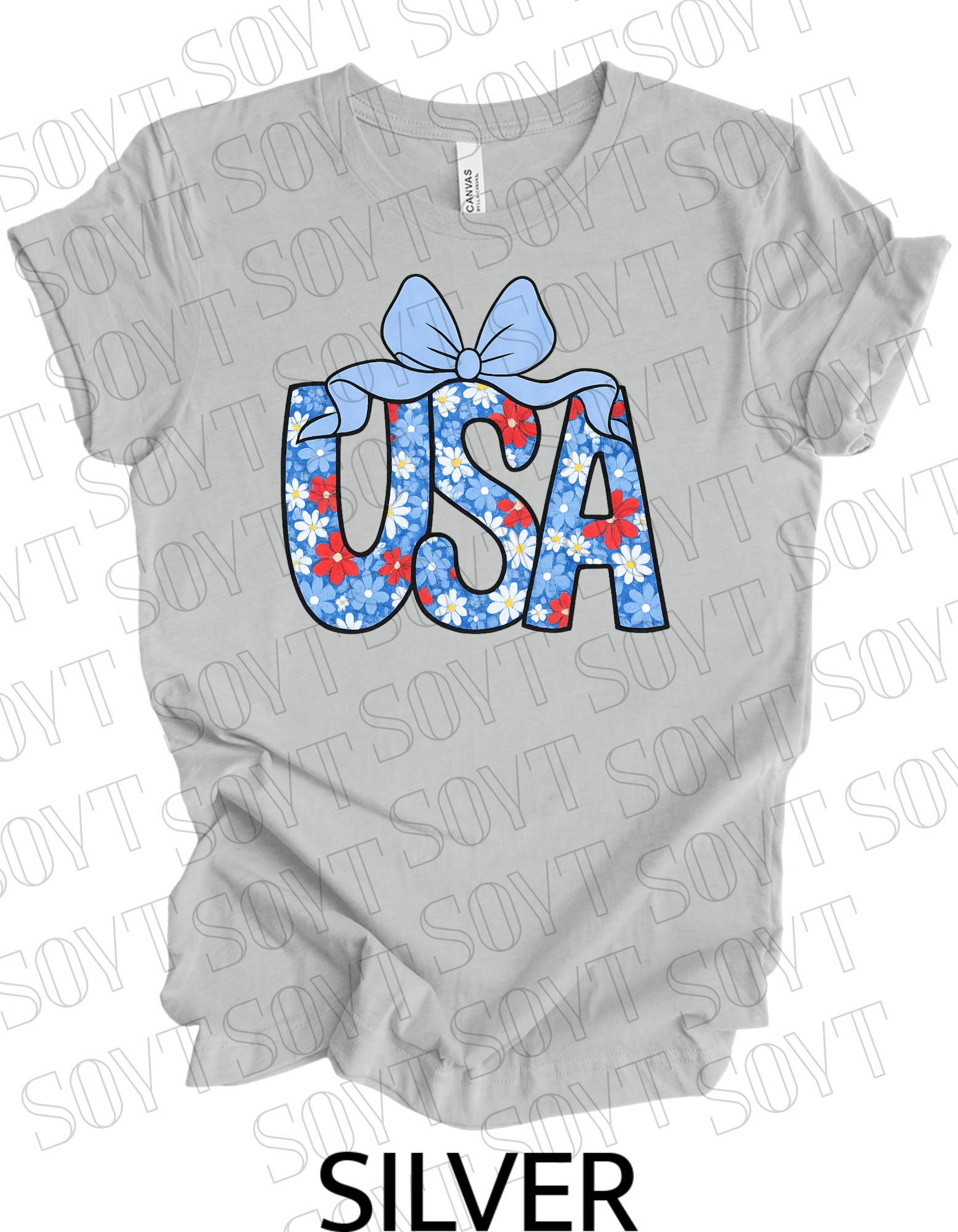 Floral USA T-Shirt with Bow – Cute Patriotic Tee for Women | Made in USA - Festive Apparel StoreSilver