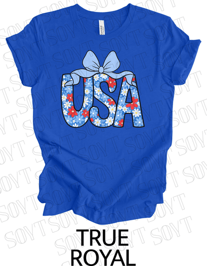 Floral USA T-Shirt with Bow – Cute Patriotic Tee for Women | Made in USA - Festive Apparel StoreRoyal Blue