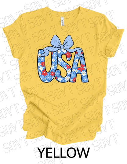 Floral USA T-Shirt with Bow – Cute Patriotic Tee for Women | Made in USA - Festive Apparel StoreYellow