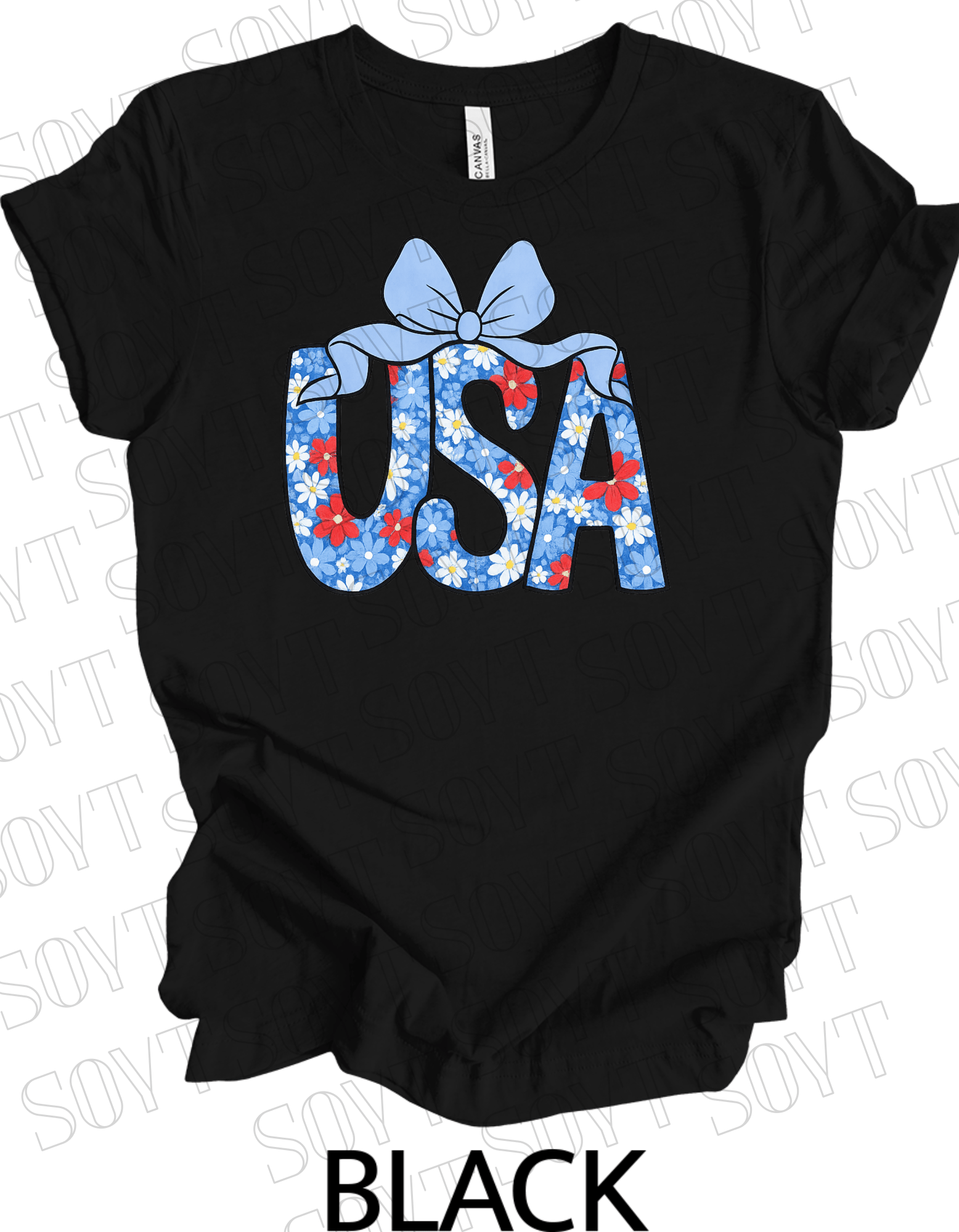 Floral USA T-Shirt with Bow – Cute Patriotic Tee for Women | Made in USA - Festive Apparel StoreBlack