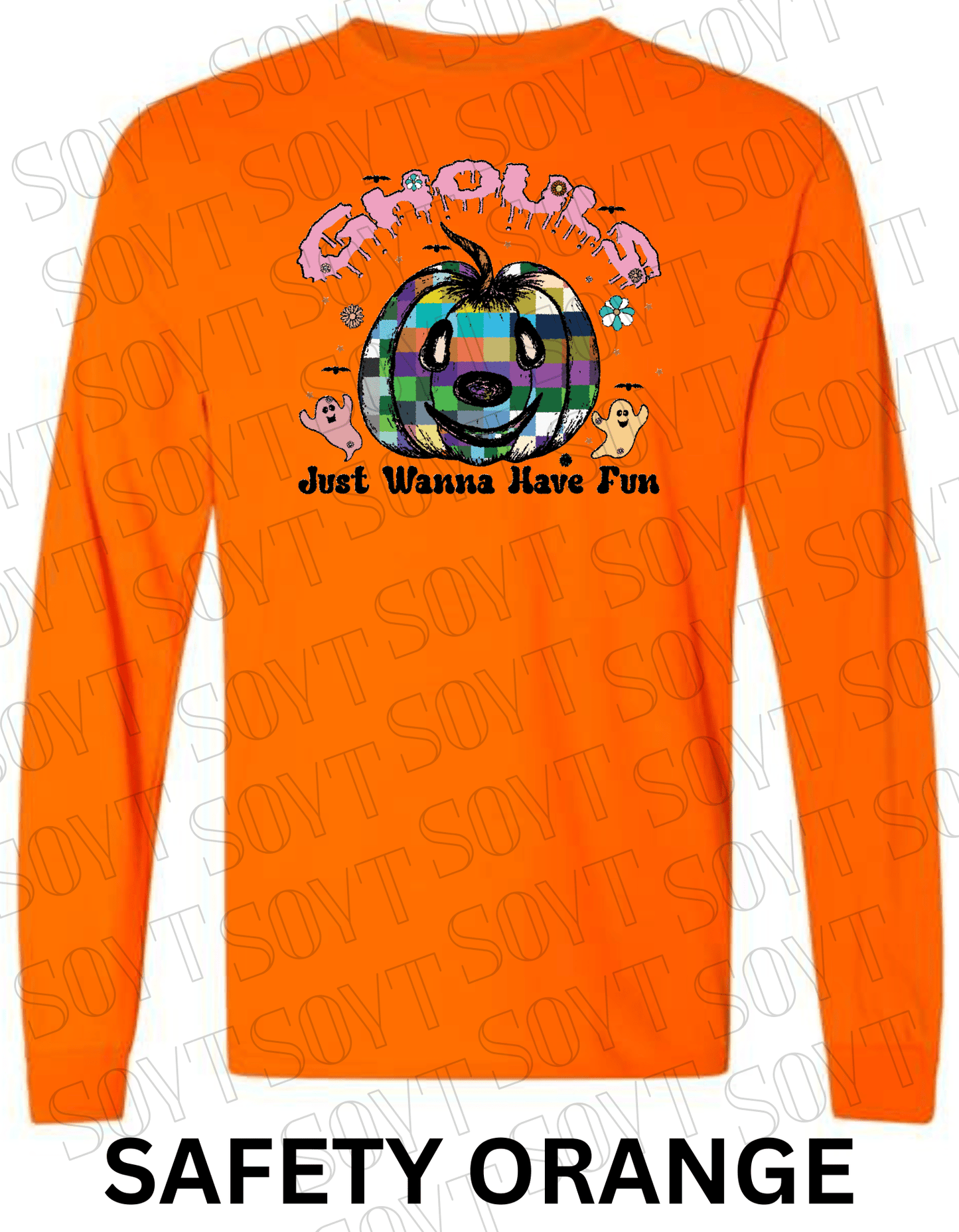Ghouls Just Wanna Have Fun Halloween Long Sleeve – Colorful Plaid Pumpkin & Ghost Shirt - Festive Apparel StoreSafety Orange