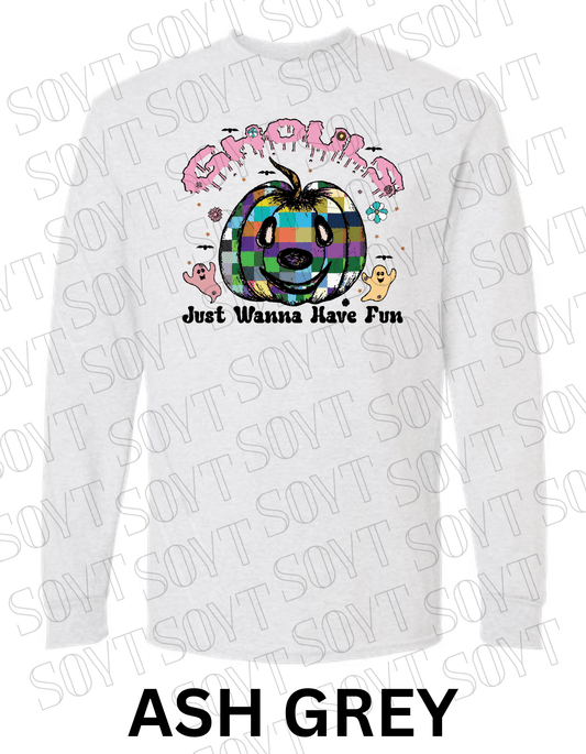 Ghouls Just Wanna Have Fun Halloween Long Sleeve – Colorful Plaid Pumpkin & Ghost Shirt - Festive Apparel StoreAsh Gray