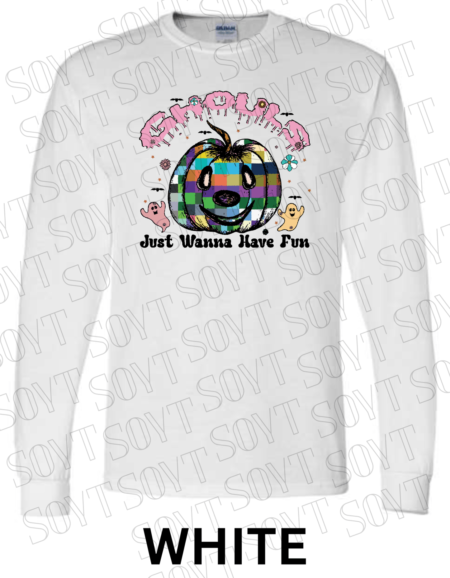 Ghouls Just Wanna Have Fun Halloween Long Sleeve – Colorful Plaid Pumpkin & Ghost Shirt - Festive Apparel StoreWhite