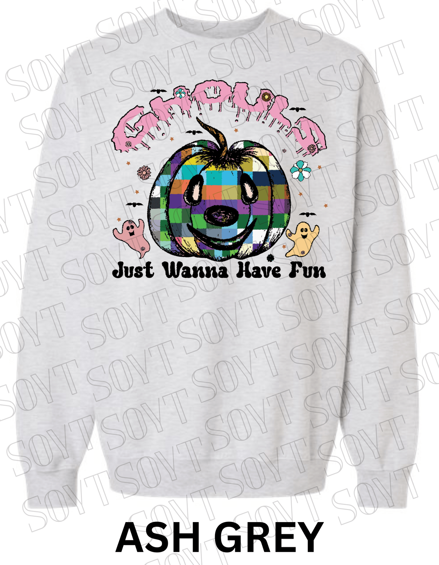 Ghouls Just Wanna Have Fun Halloween Sweatshirt – Colorful Plaid Pumpkin & Ghost Fleece Pullover - Festive Apparel StoreAsh Grey