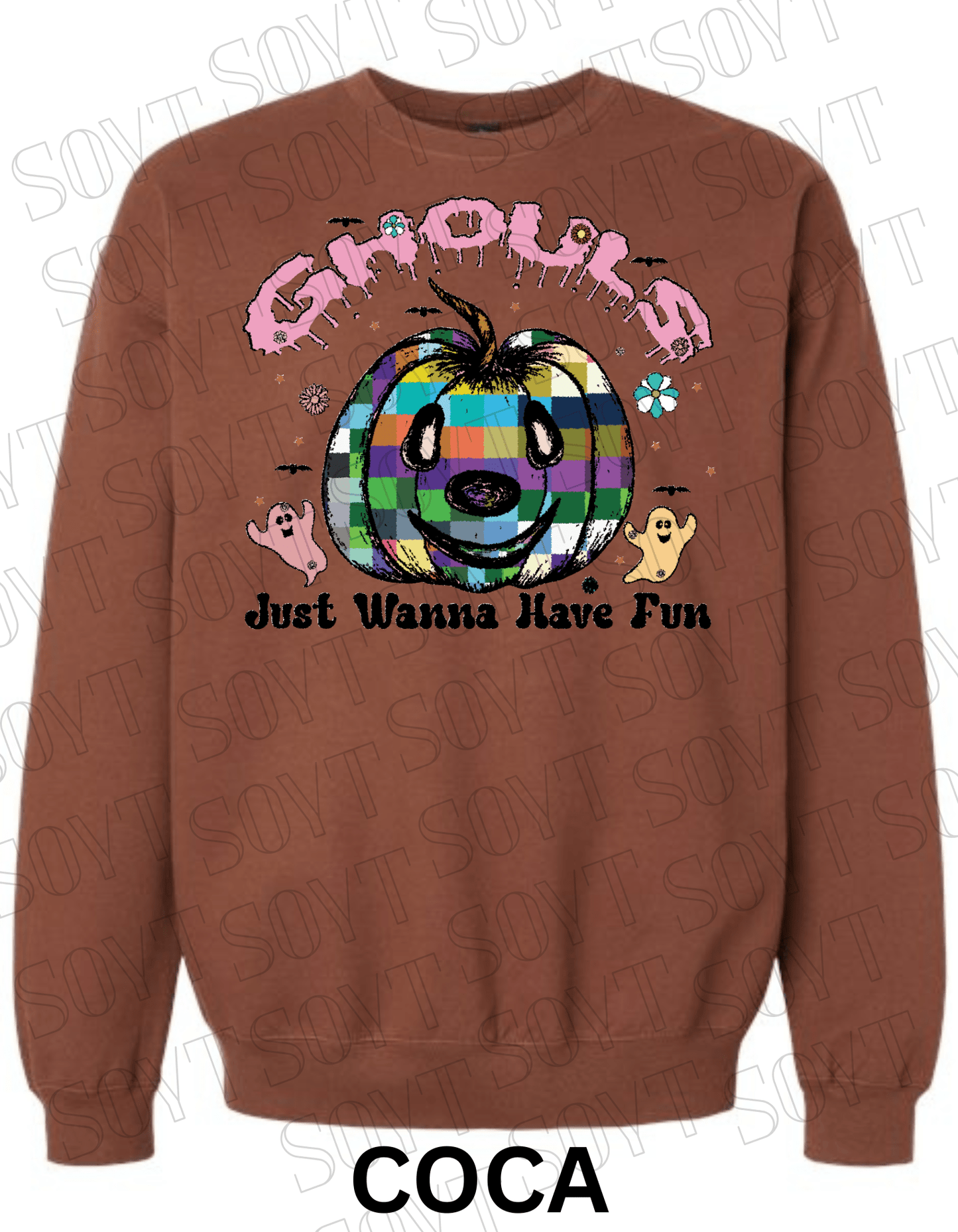 Ghouls Just Wanna Have Fun Halloween Sweatshirt – Colorful Plaid Pumpkin & Ghost Fleece Pullover - Festive Apparel StoreCocoa Brown