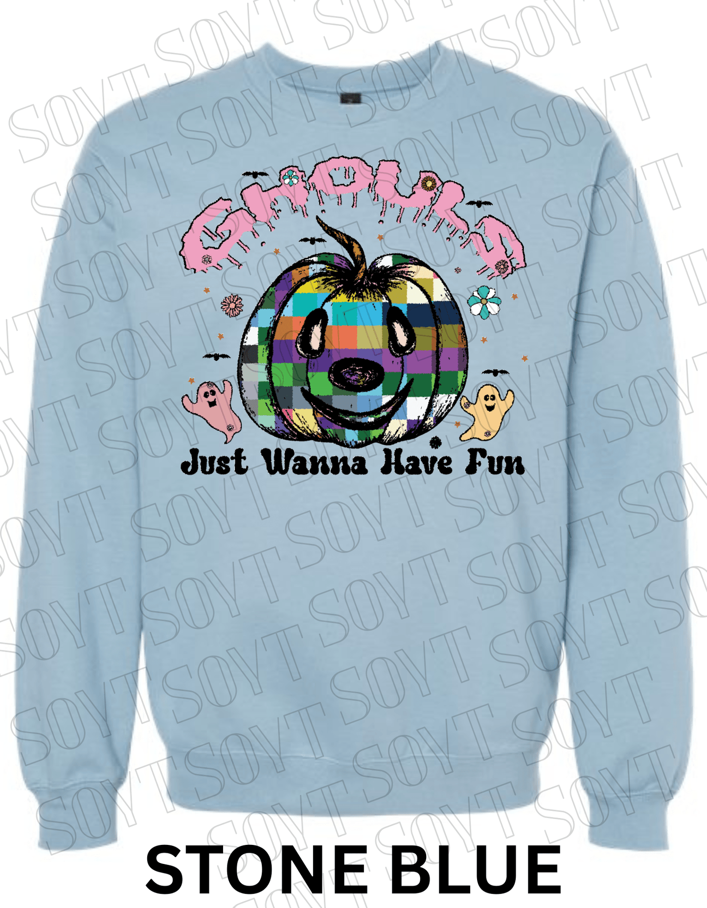 Ghouls Just Wanna Have Fun Halloween Sweatshirt – Colorful Plaid Pumpkin & Ghost Fleece Pullover - Festive Apparel StoreStone Blue