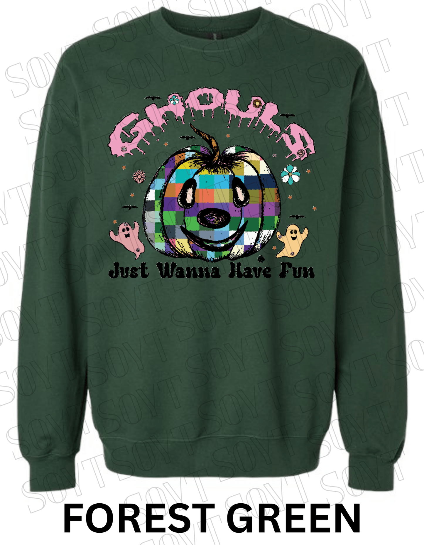 Ghouls Just Wanna Have Fun Halloween Sweatshirt – Colorful Plaid Pumpkin & Ghost Fleece Pullover - Festive Apparel StoreForest Green