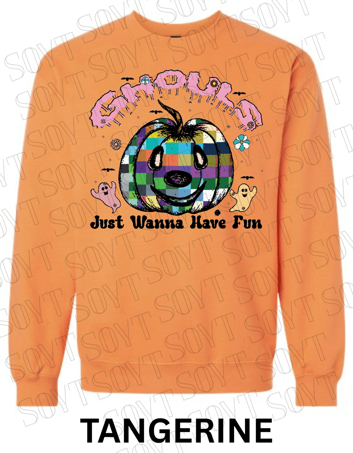 Ghouls Just Wanna Have Fun Halloween Sweatshirt – Colorful Plaid Pumpkin & Ghost Fleece Pullover - Festive Apparel StoreTangerine