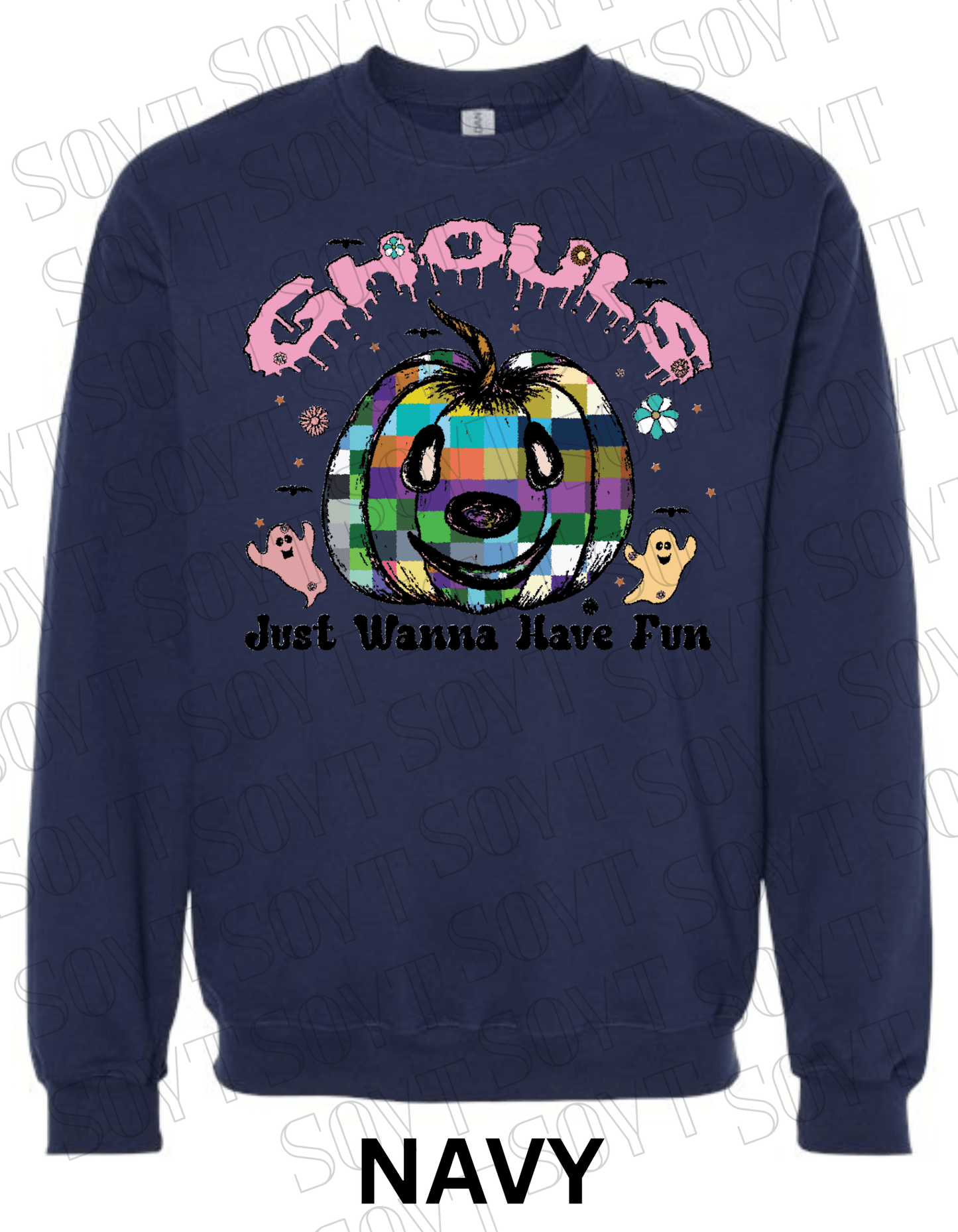 Ghouls Just Wanna Have Fun Halloween Sweatshirt – Colorful Plaid Pumpkin & Ghost Fleece Pullover - Festive Apparel StoreNavy Blue