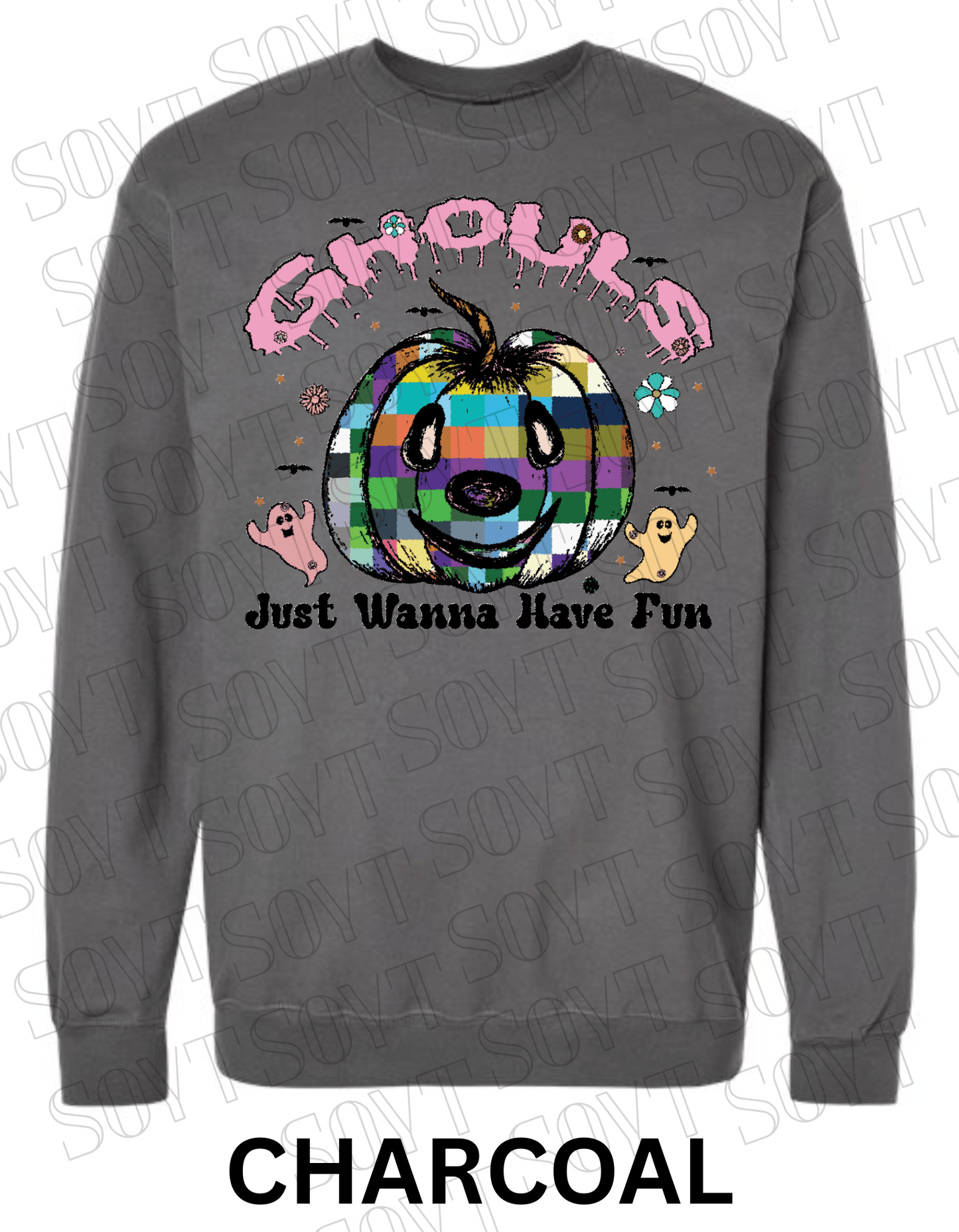 Ghouls Just Wanna Have Fun Halloween Sweatshirt – Colorful Plaid Pumpkin & Ghost Fleece Pullover - Festive Apparel StoreCharcoal