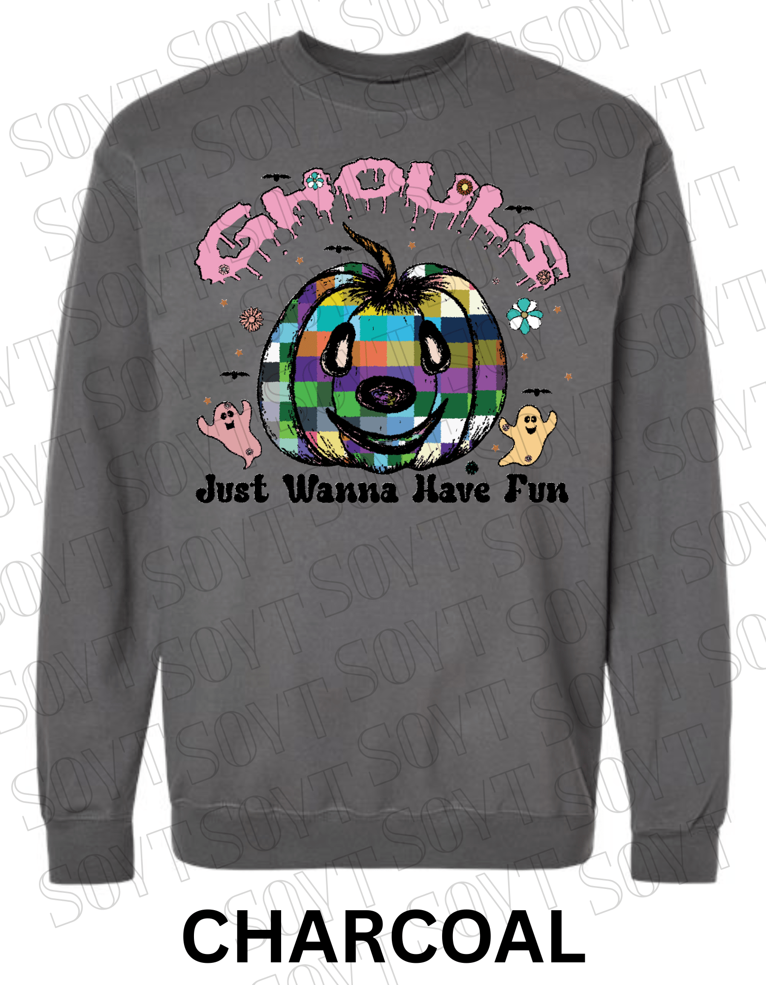 Ghouls Just Wanna Have Fun Halloween Sweatshirt – Colorful Plaid Pumpkin & Ghost Fleece Pullover - Festive Apparel StoreCharcoal