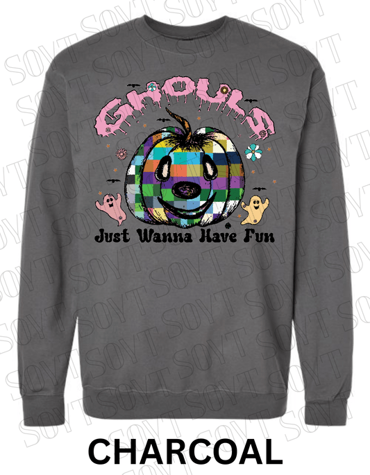 Ghouls Just Wanna Have Fun Halloween Sweatshirt – Colorful Plaid Pumpkin & Ghost Fleece Pullover - Festive Apparel StoreCharcoal
