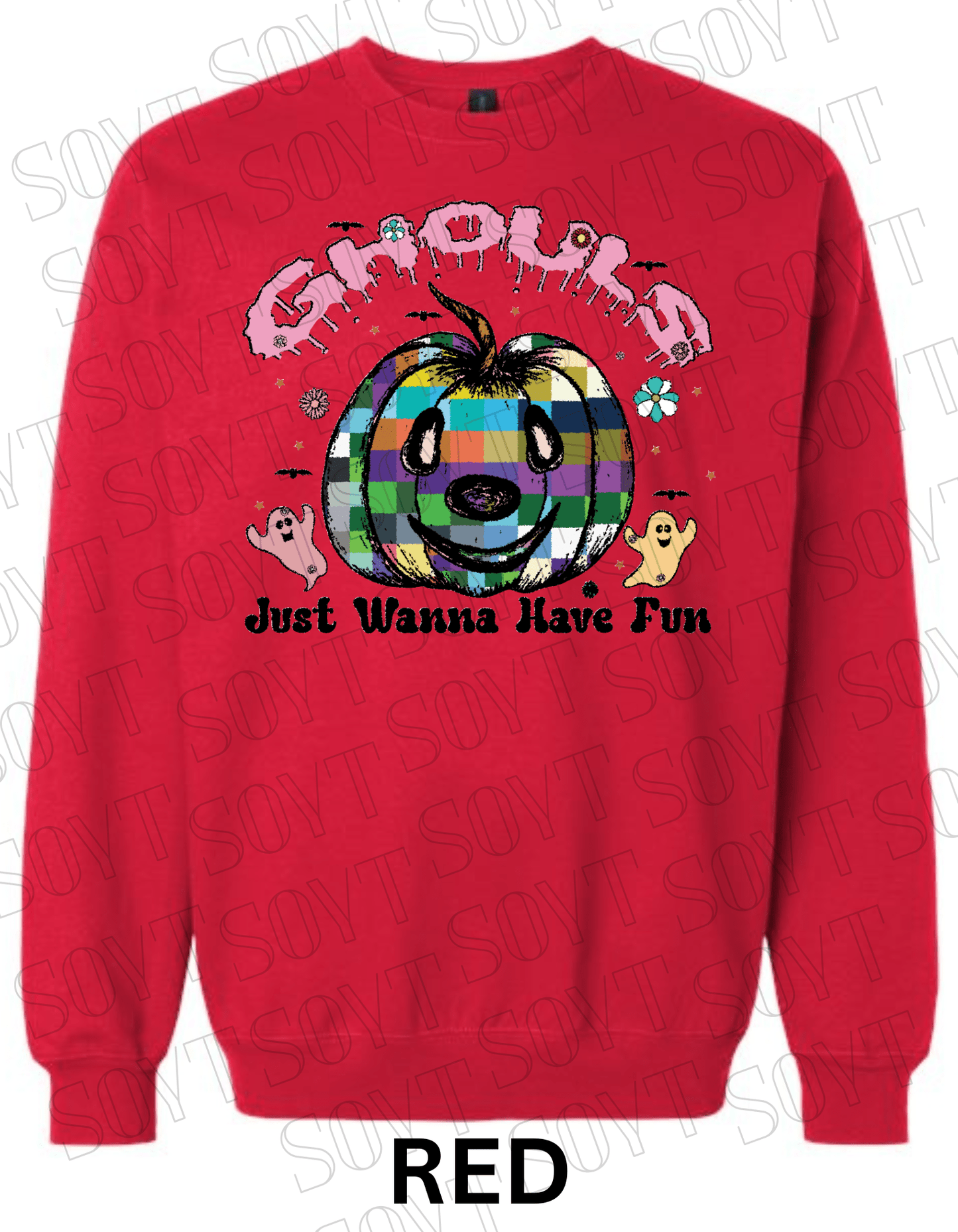Ghouls Just Wanna Have Fun Halloween Sweatshirt – Colorful Plaid Pumpkin & Ghost Fleece Pullover - Festive Apparel StoreRed