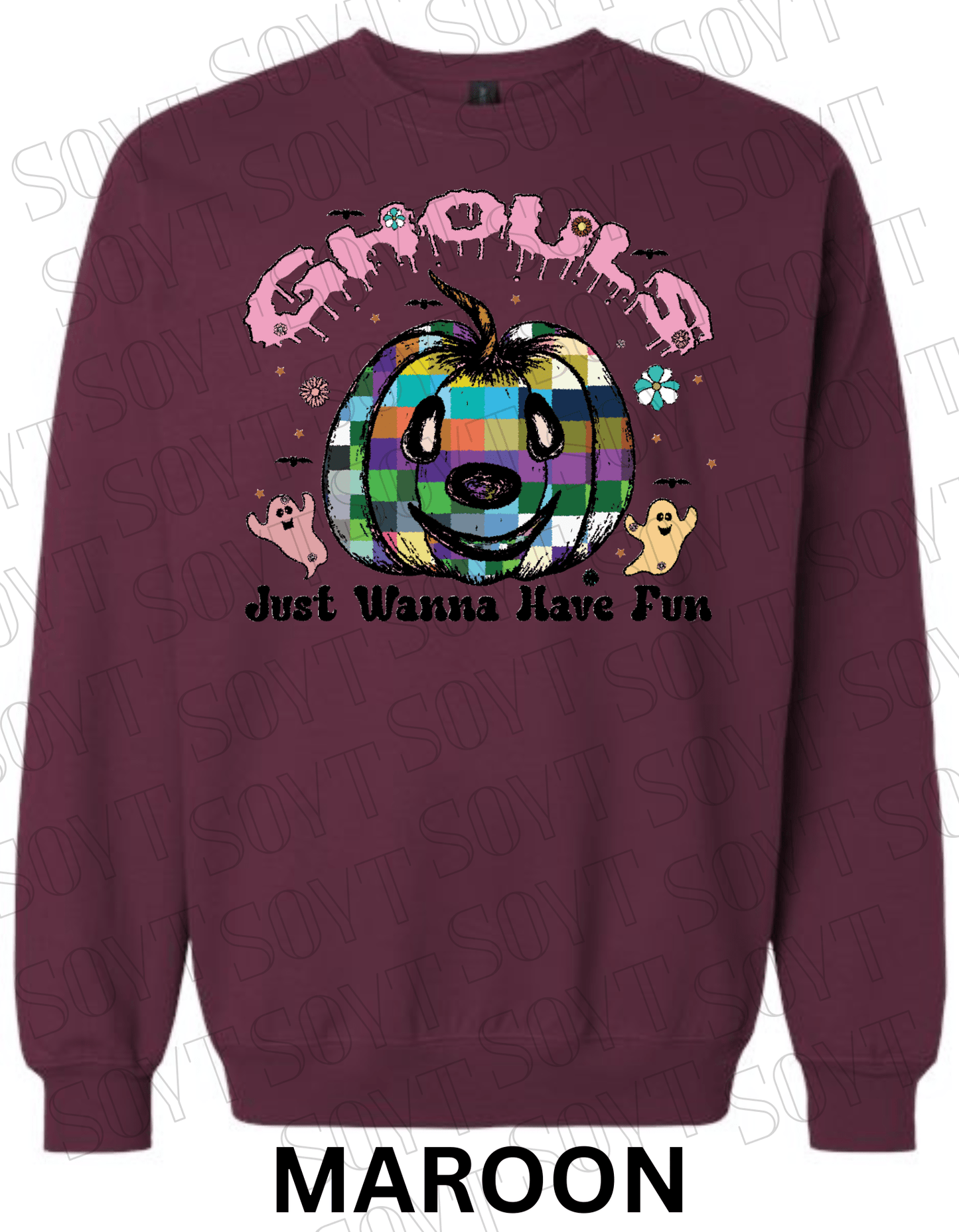 Ghouls Just Wanna Have Fun Halloween Sweatshirt – Colorful Plaid Pumpkin & Ghost Fleece Pullover - Festive Apparel StoreMaroon