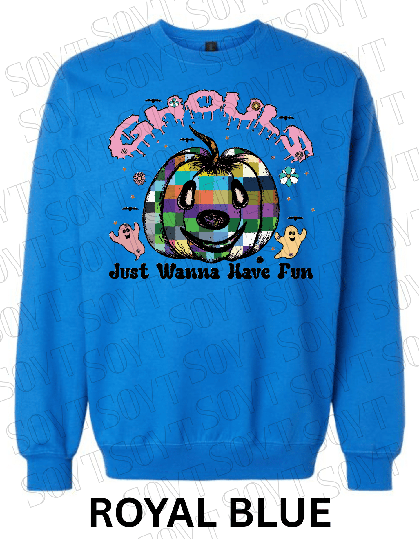 Ghouls Just Wanna Have Fun Halloween Sweatshirt – Colorful Plaid Pumpkin & Ghost Fleece Pullover - Festive Apparel StoreRoyal Blue