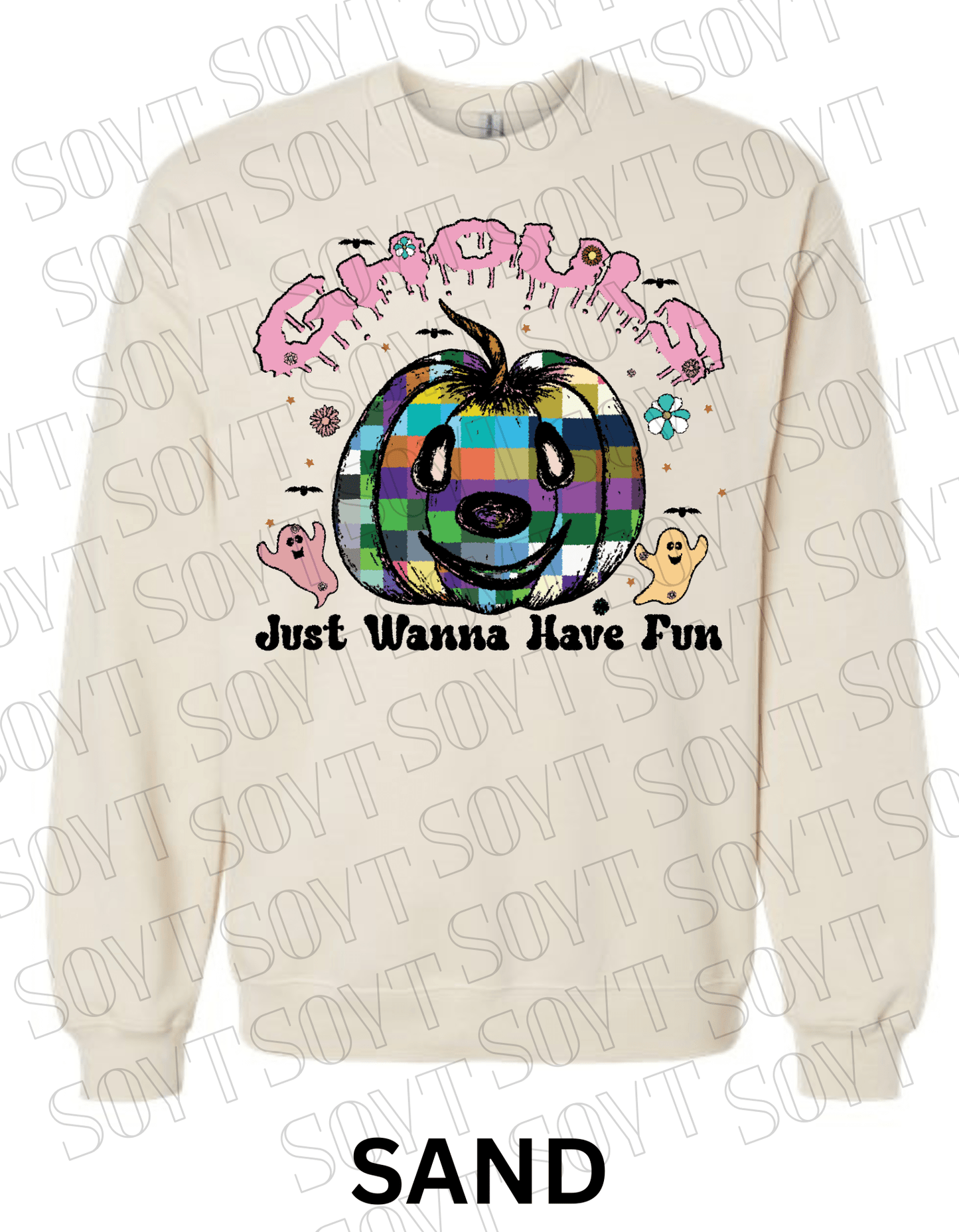 Ghouls Just Wanna Have Fun Halloween Sweatshirt – Colorful Plaid Pumpkin & Ghost Fleece Pullover - Festive Apparel StoreSand