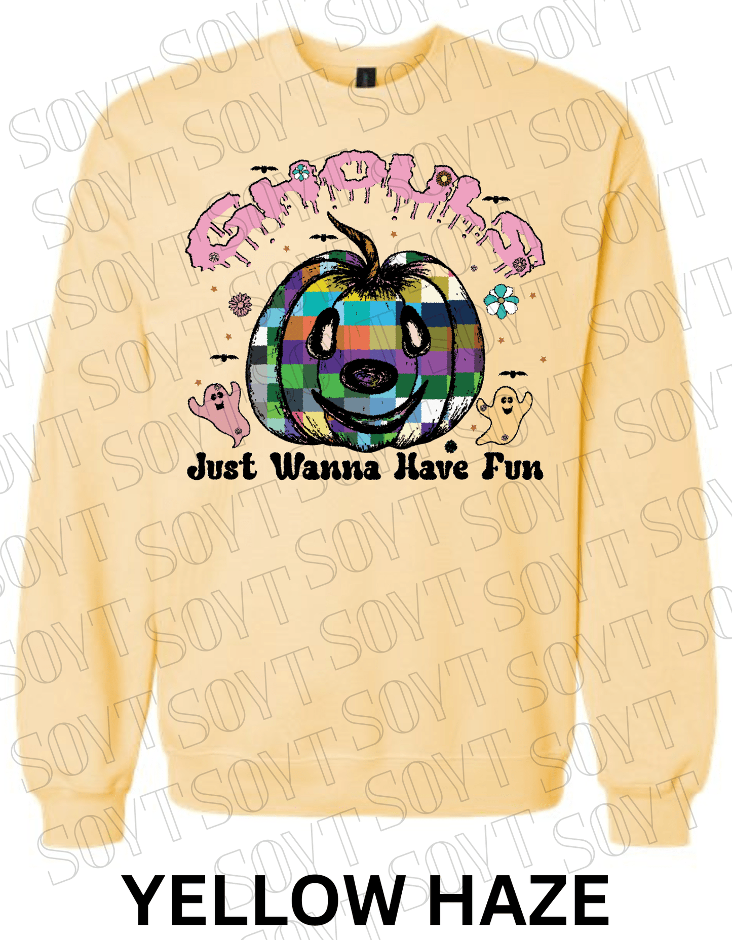 Ghouls Just Wanna Have Fun Halloween Sweatshirt – Colorful Plaid Pumpkin & Ghost Fleece Pullover - Festive Apparel StoreYellow Haze