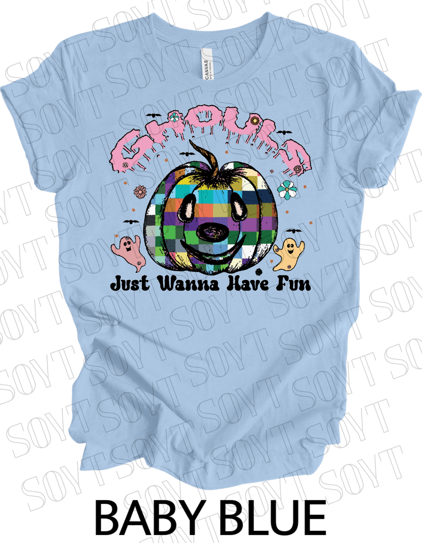 Ghouls Just Wanna Have Fun T-Shirt – Colorful Plaid Pumpkin & Cute Ghost Halloween Tee - Festive Apparel StoreBaby Blue