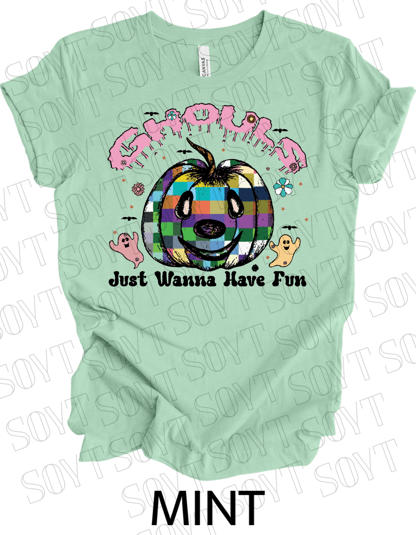 Ghouls Just Wanna Have Fun T-Shirt – Colorful Plaid Pumpkin & Cute Ghost Halloween Tee - Festive Apparel StoreMint