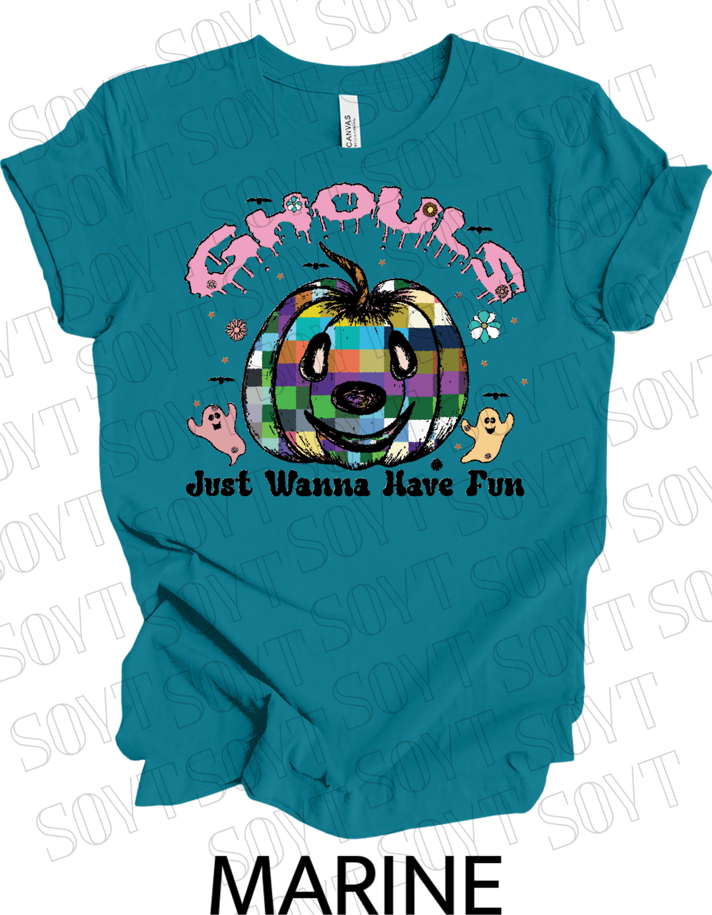 Ghouls Just Wanna Have Fun T-Shirt – Colorful Plaid Pumpkin & Cute Ghost Halloween Tee - Festive Apparel StoreMarine