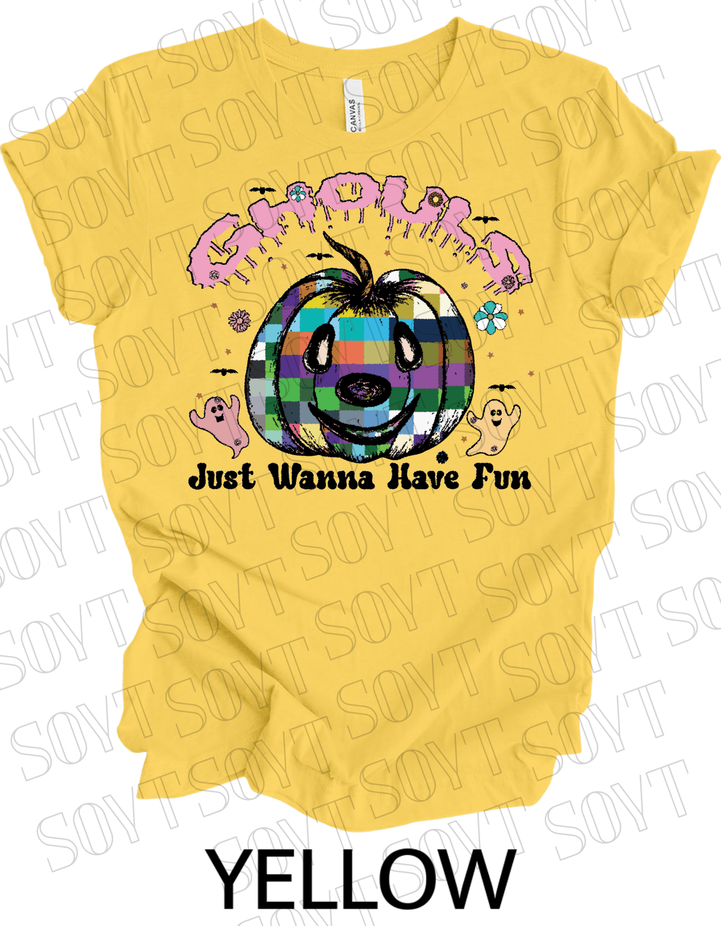 Ghouls Just Wanna Have Fun T-Shirt – Colorful Plaid Pumpkin & Cute Ghost Halloween Tee - Festive Apparel StoreYellow