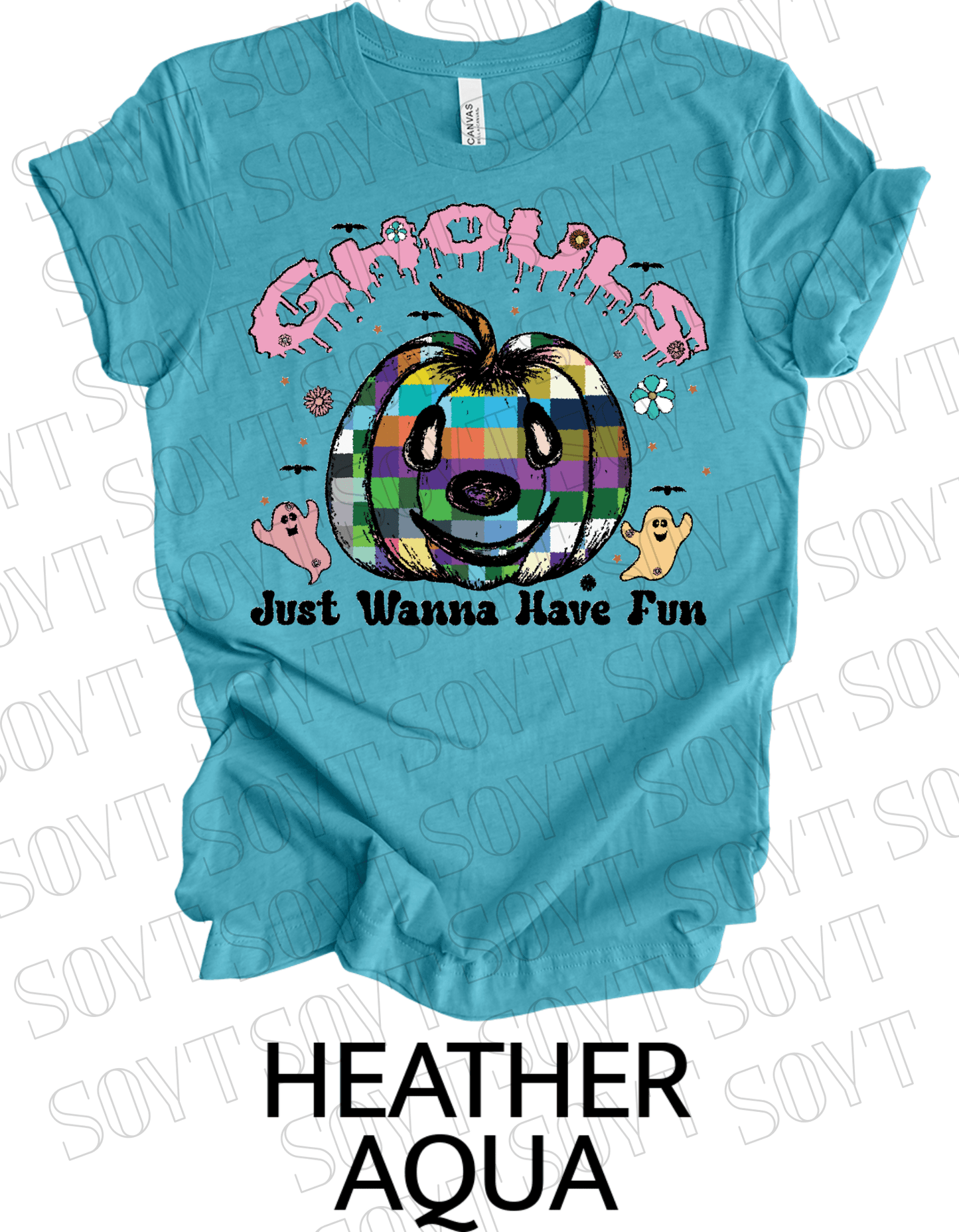 Ghouls Just Wanna Have Fun T-Shirt – Colorful Plaid Pumpkin & Cute Ghost Halloween Tee - Festive Apparel StoreHeather Aqua