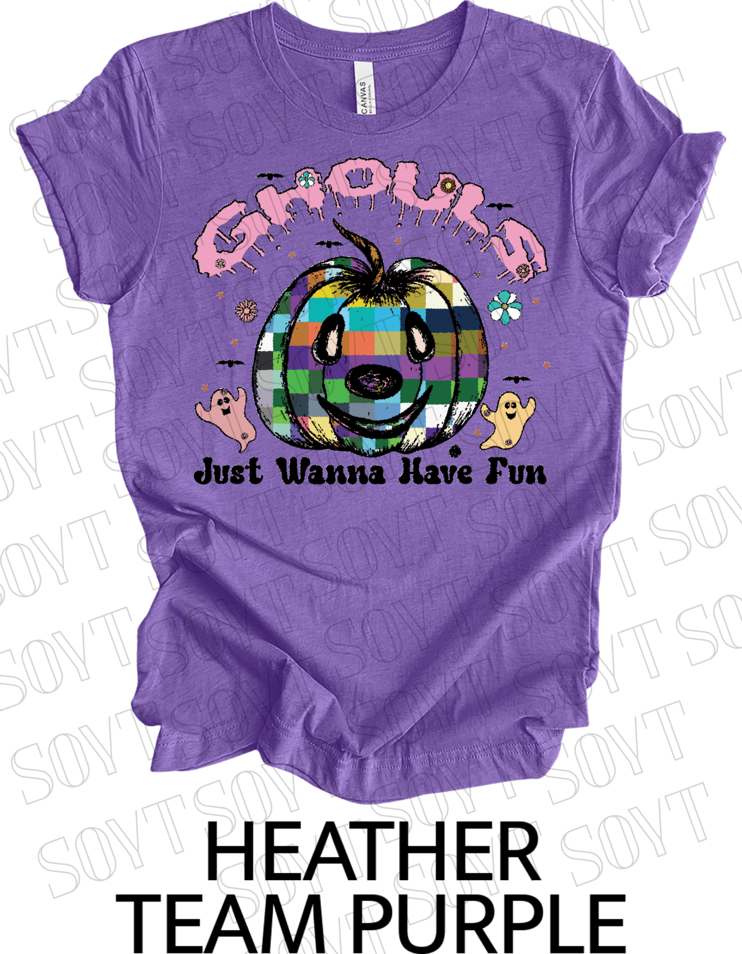 Ghouls Just Wanna Have Fun T-Shirt – Colorful Plaid Pumpkin & Cute Ghost Halloween Tee - Festive Apparel StoreHeather Purple
