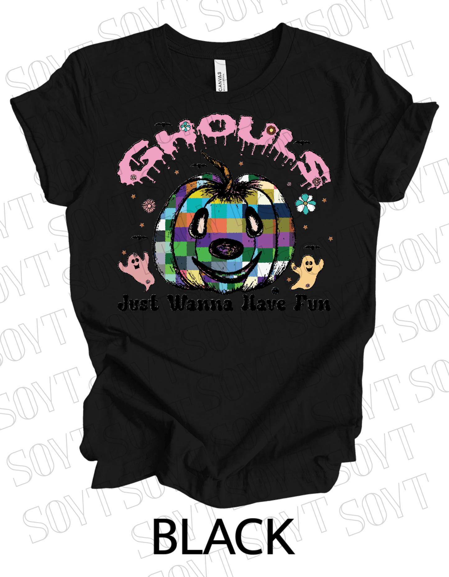 Ghouls Just Wanna Have Fun T-Shirt – Colorful Plaid Pumpkin & Cute Ghost Halloween Tee - Festive Apparel StoreBlack