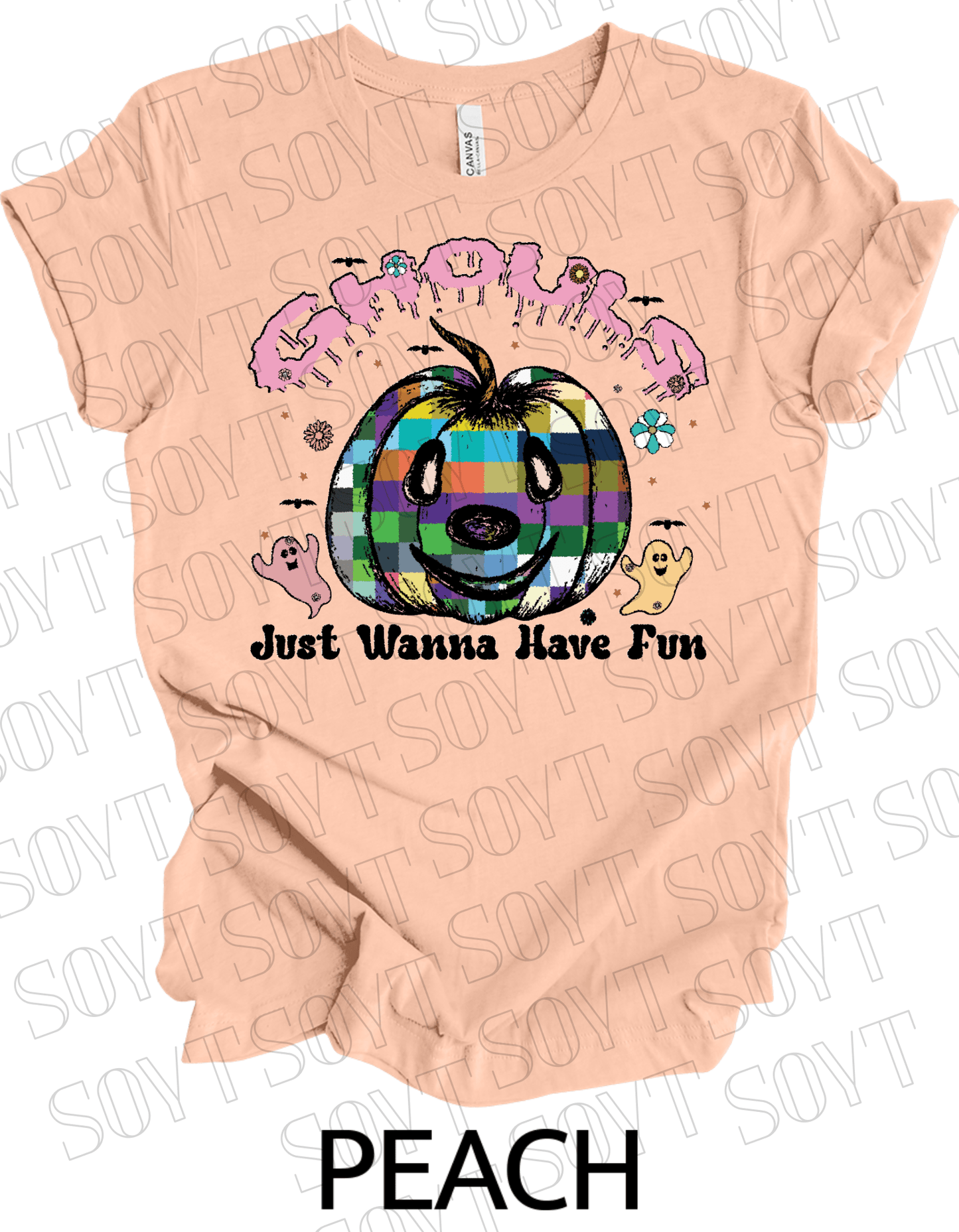 Ghouls Just Wanna Have Fun T-Shirt – Colorful Plaid Pumpkin & Cute Ghost Halloween Tee - Festive Apparel StorePeach