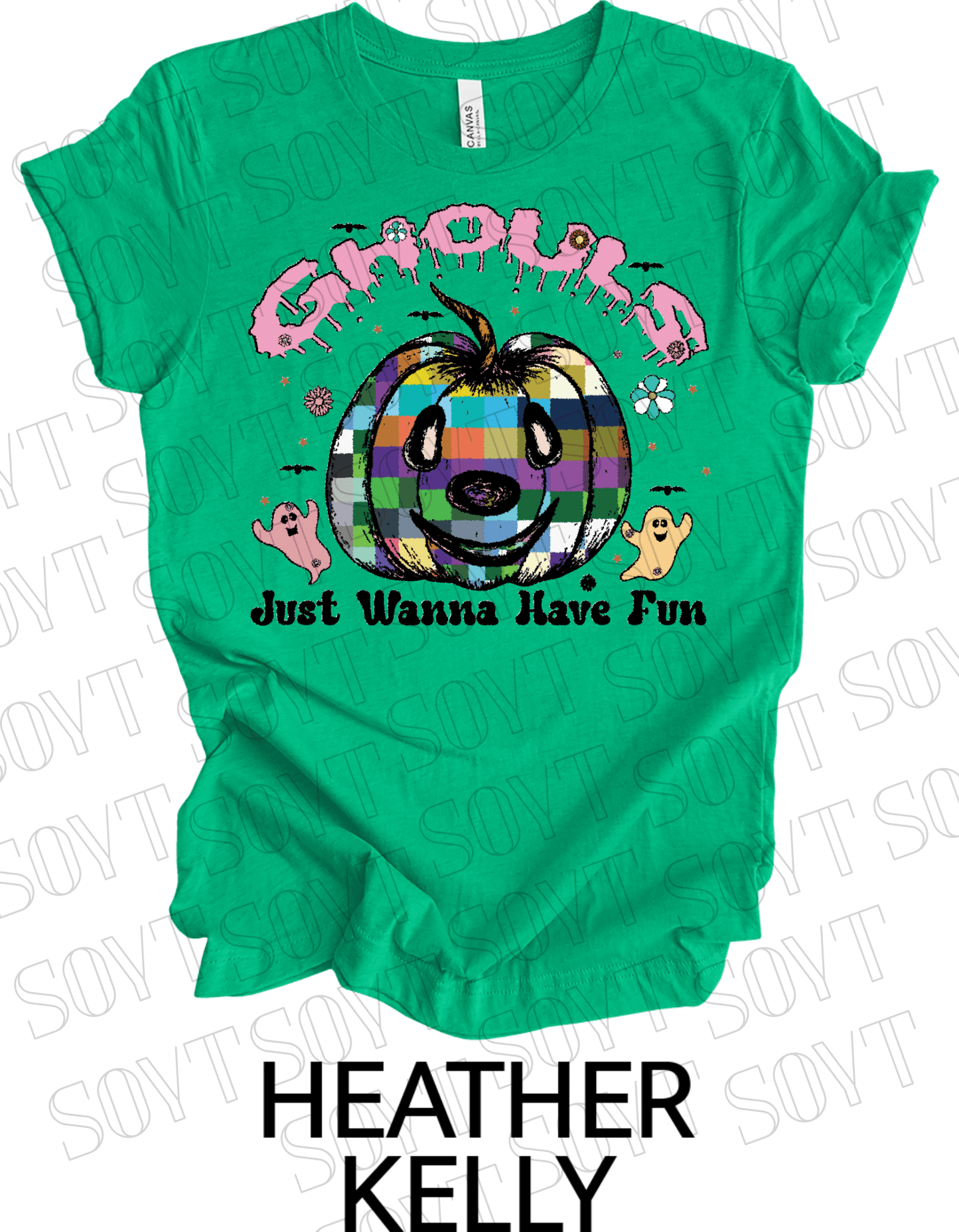 Ghouls Just Wanna Have Fun T-Shirt – Colorful Plaid Pumpkin & Cute Ghost Halloween Tee - Festive Apparel StoreHeather Kelly Green