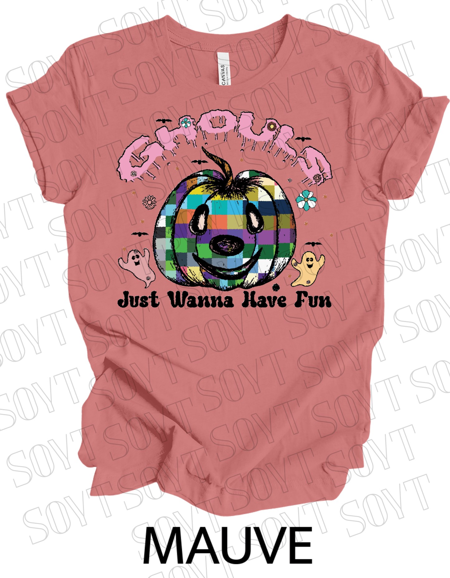 Ghouls Just Wanna Have Fun T-Shirt – Colorful Plaid Pumpkin & Cute Ghost Halloween Tee - Festive Apparel StoreMauve