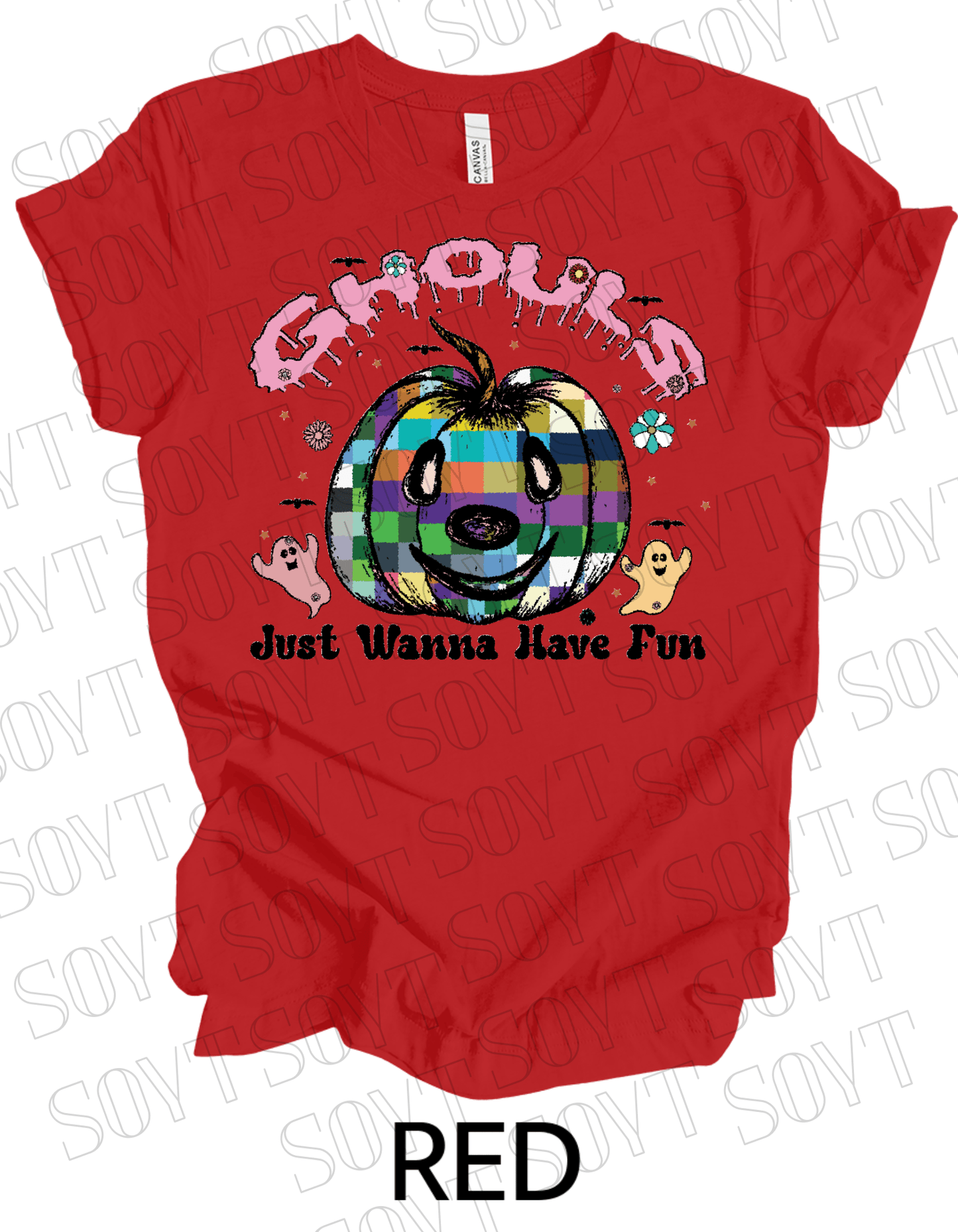 Ghouls Just Wanna Have Fun T-Shirt – Colorful Plaid Pumpkin & Cute Ghost Halloween Tee - Festive Apparel StoreRed