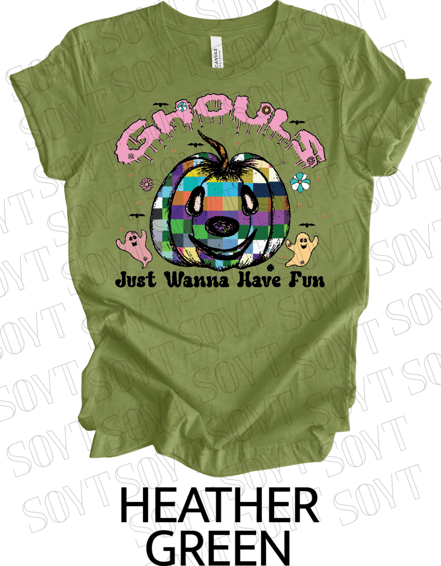 Ghouls Just Wanna Have Fun T-Shirt – Colorful Plaid Pumpkin & Cute Ghost Halloween Tee - Festive Apparel StoreHeather Green